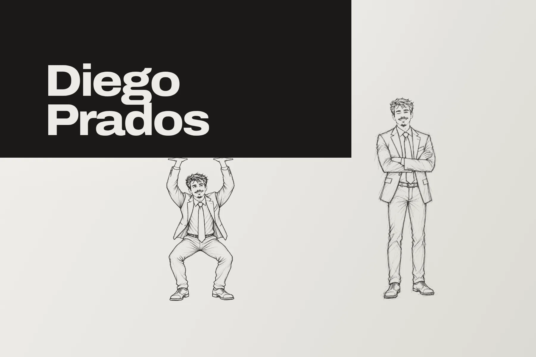 Diego, dibujado a lápiz, levanta un panel negro con su nombre en letras grandes; a su lado, otro dibujo suyo con los brazos cruzados, sobre un fondo de mármol claro