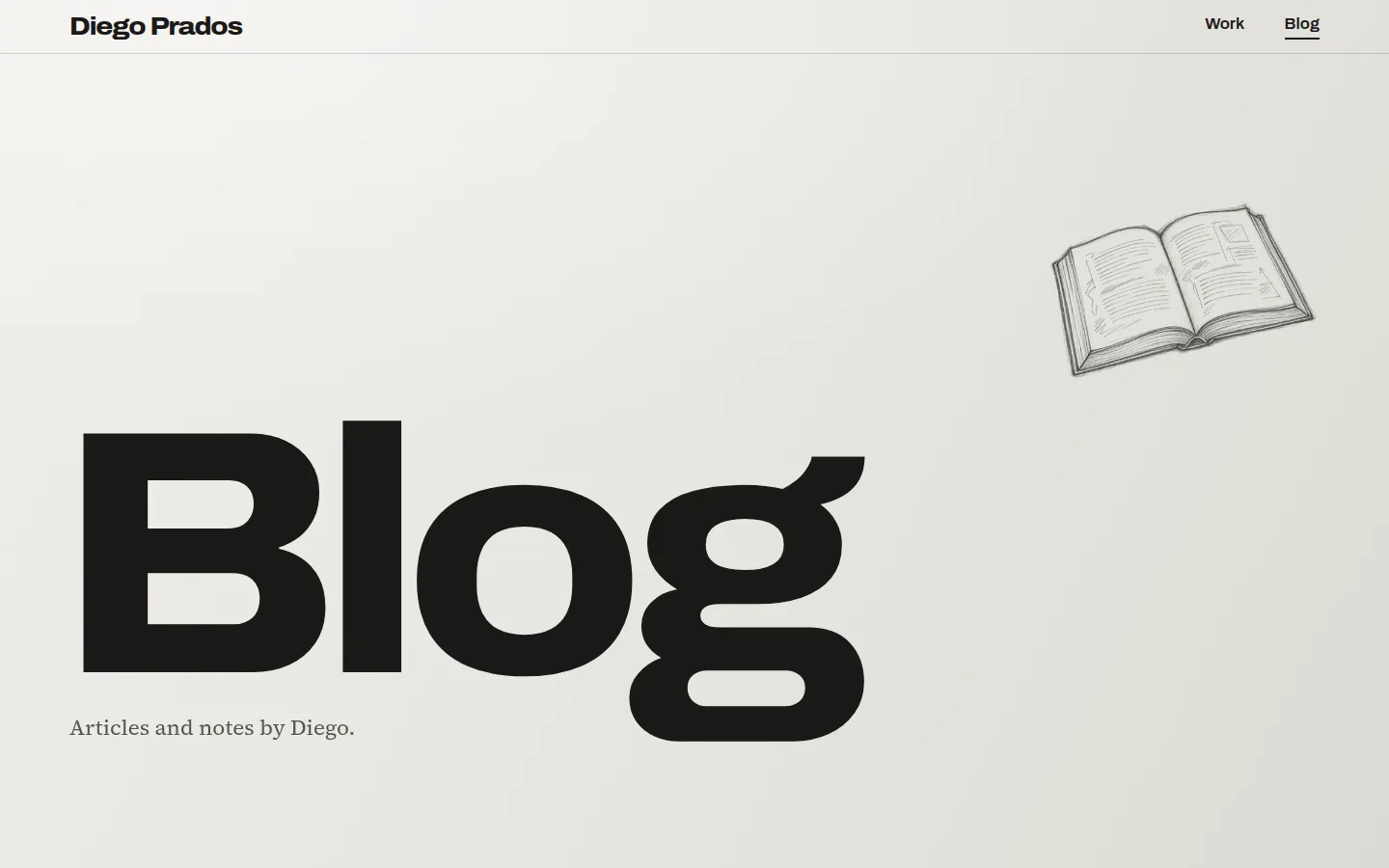 Página del blog de diegoprados.com con el título en grande y un libro dibujado a lápiz
