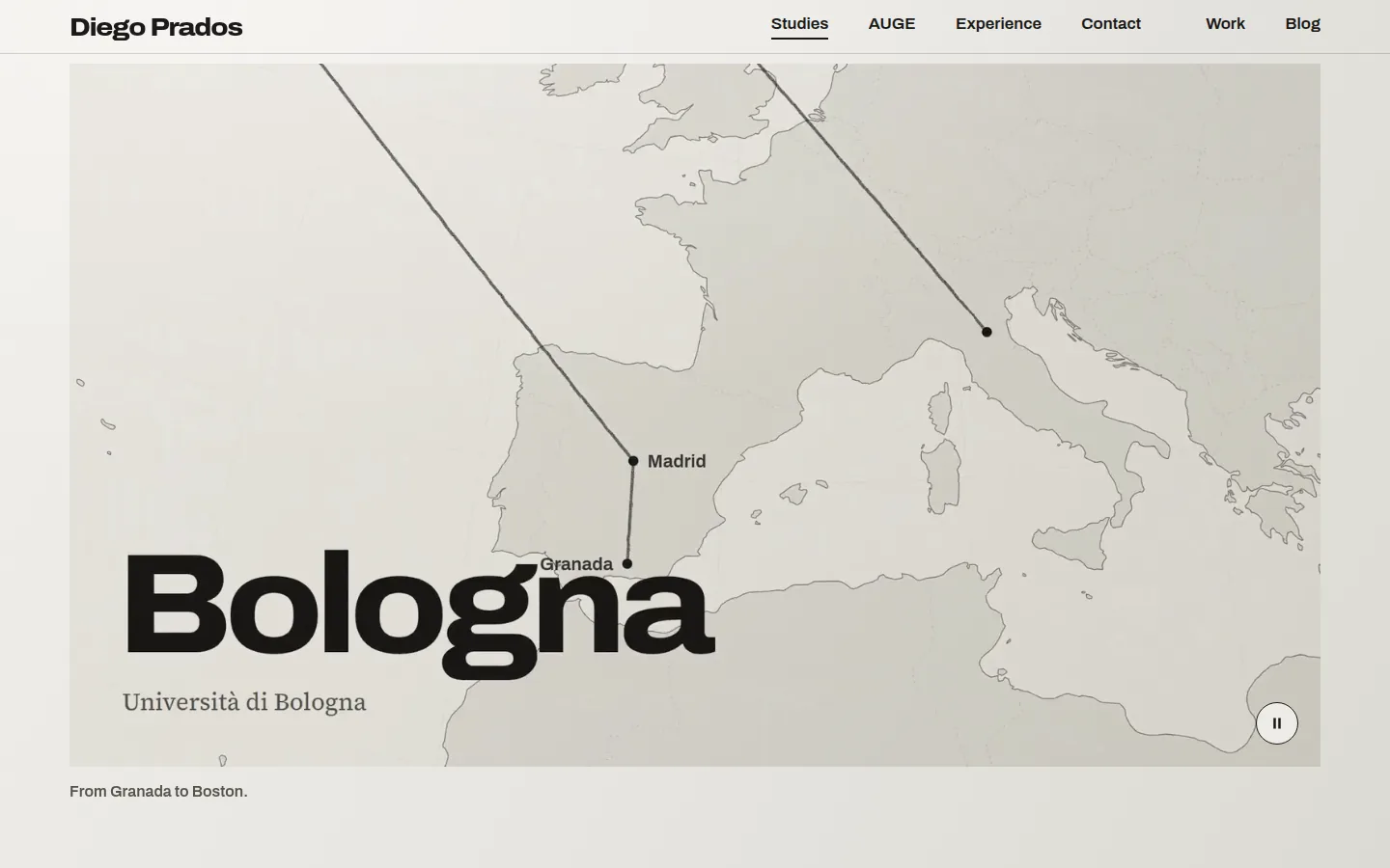 Película de su recorrido: una línea a lápiz sobre el mapa une Granada, Madrid y Bolonia