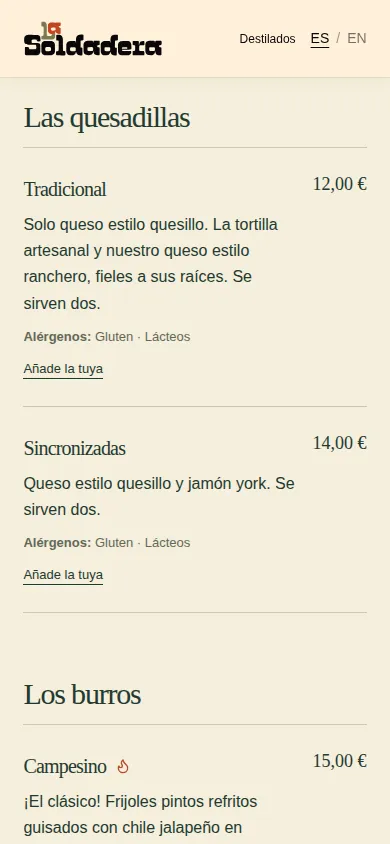 Carta digital de La Soldadera en un móvil, con precios y alérgenos