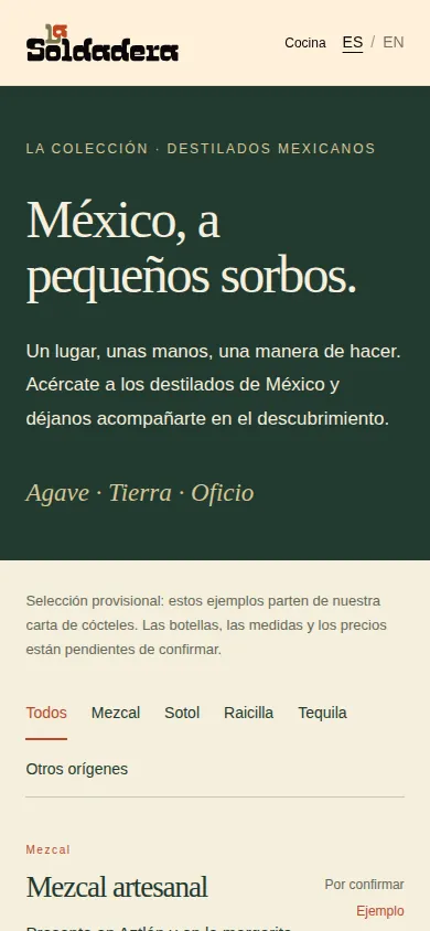 Carta de destilados de La Soldadera en un móvil, con filtros por familia