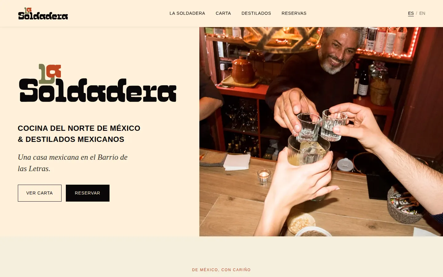 Portada de la web de La Soldadera con su logo, el lema y los botones Ver carta y Reservar