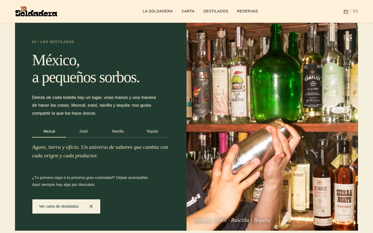 Sección de destilados de la web de La Soldadera con una foto de la barra